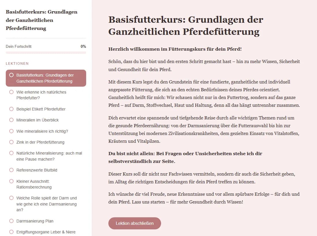 Der Basisfutterkurs mit der Lektionsliste links und dem Kurstext rechts
