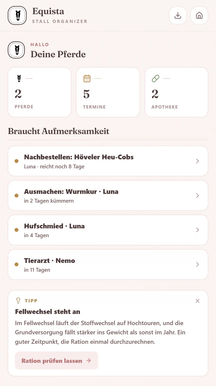 Startseite des Stall Organizers mit der Liste, was Aufmerksamkeit braucht