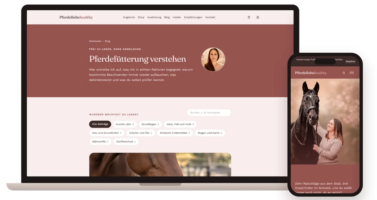 pferdeliebehealthy.de mit Blog, Shop, eigener Kasse und Kursbereich