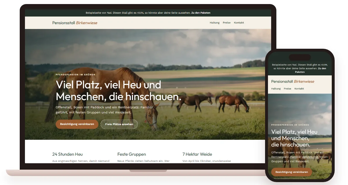 Musterseite eines erfundenen Pensionsstalls von Yasi, am Laptop und am Handy