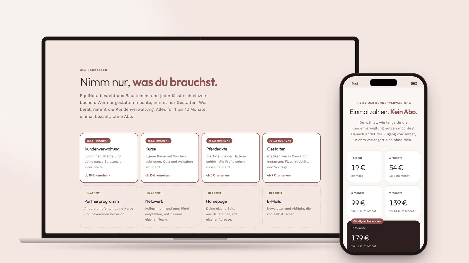 Der EquiNota-Baukasten am Laptop und am Handy: Kundenverwaltung, Kurse, Pferdeakte und Gestalten sind einzeln buchbar, dazu die Preise ohne Abo