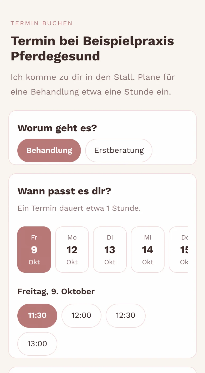 Online-Buchung in EquiNota: Reitschülerinnen wählen Art, Tag und Uhrzeit selbst aus.