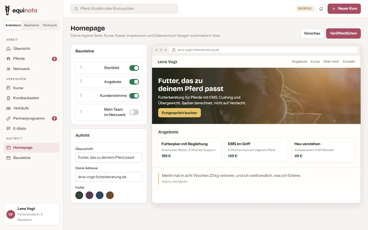 Eine Homepage aus Bausteinen in EquiNota: Startbild, Angebote und Kundenstimmen.